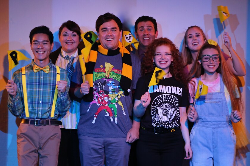 "Puffs" cast members (from left) Kevin Phan, Elisa Williams, Kevin Patrick Lohmann, Randy Coull, Sterling Amara, Marisa Taylor Scott and Mia Apalategui.