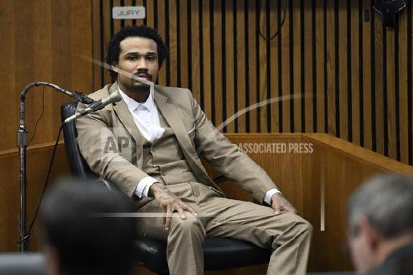 Defendant Michael Jackson-Bolanos, on trial for the murder of Samantha Woll, testifies in his defense, Wednesday, July 3, 2024, at Frank Murphy Hall of Justice in Detroit. (Clarence Tabb, Jr./Detroit News via AP)