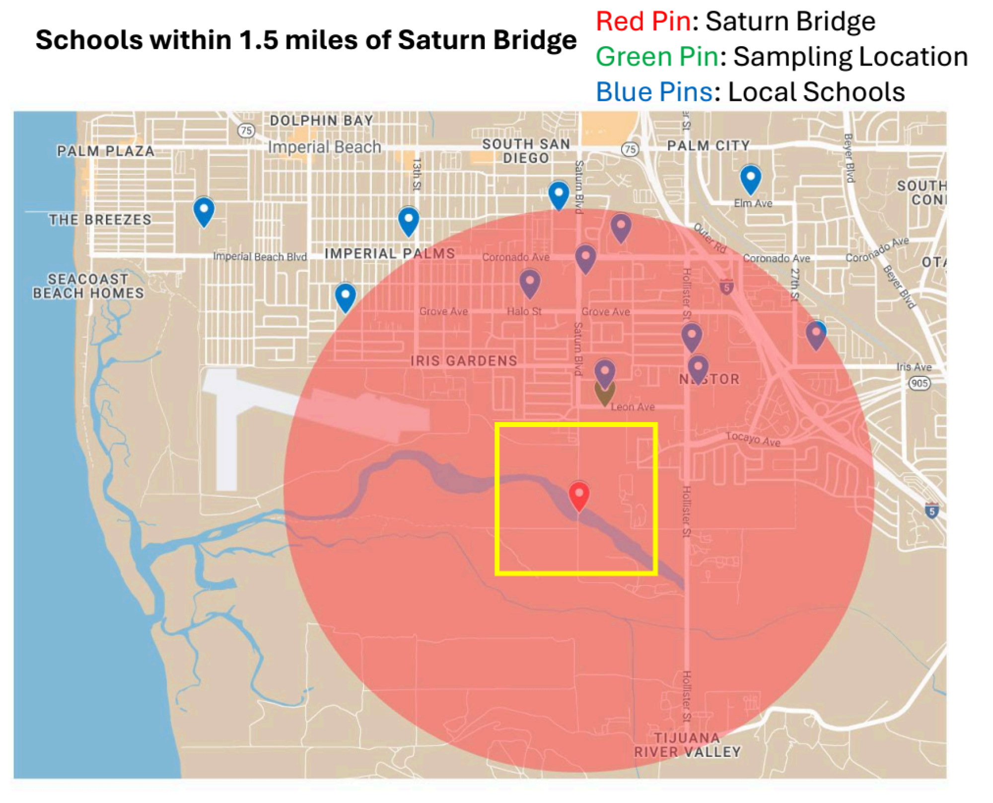 A map showing the schools within 1.5 miles of the Tijuana River.