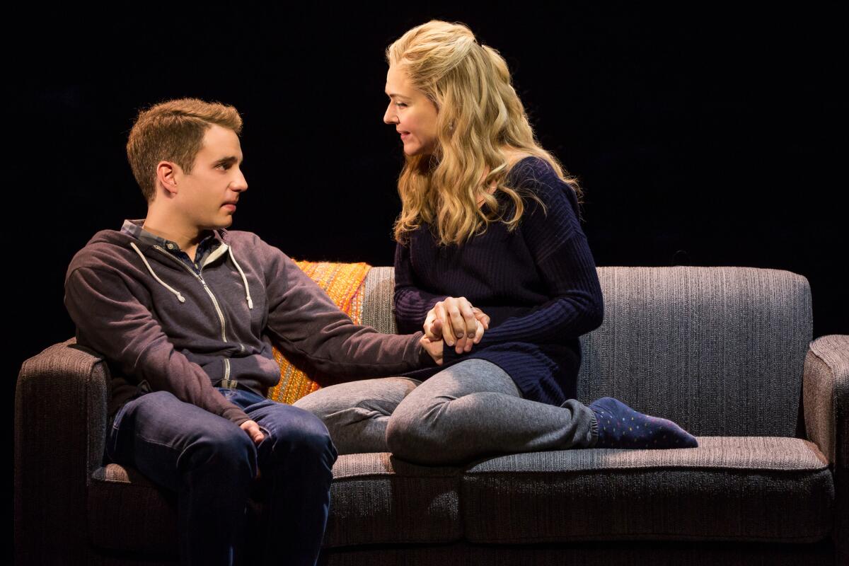 Broadway's Ben Platt and Rachel Bay Jones sit on a couch having a heart-to-heart.