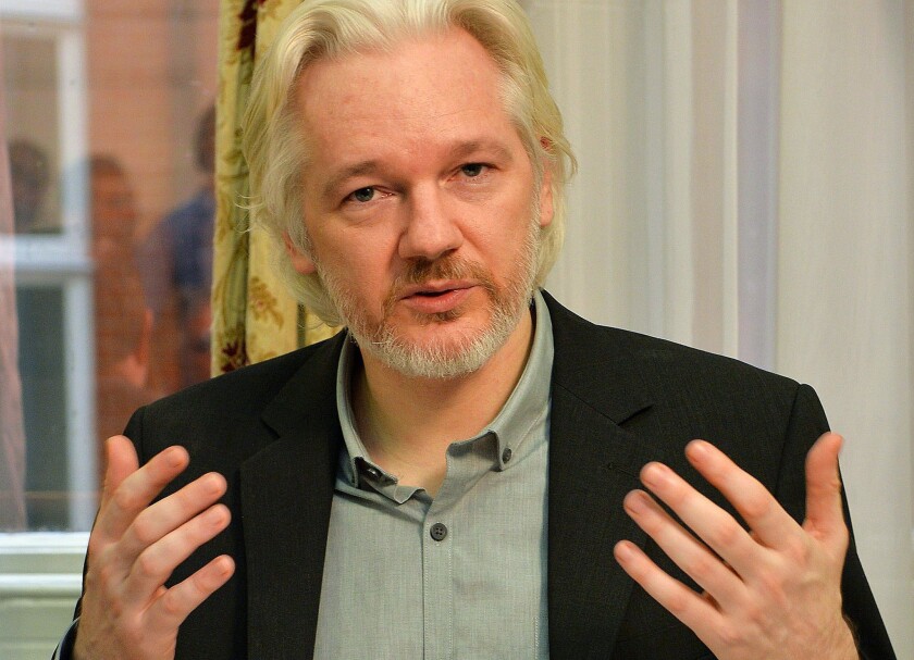 WikiLeaks founder Julian Assange at a news conference in August 2014 in the Ecuadorian Embassy in London