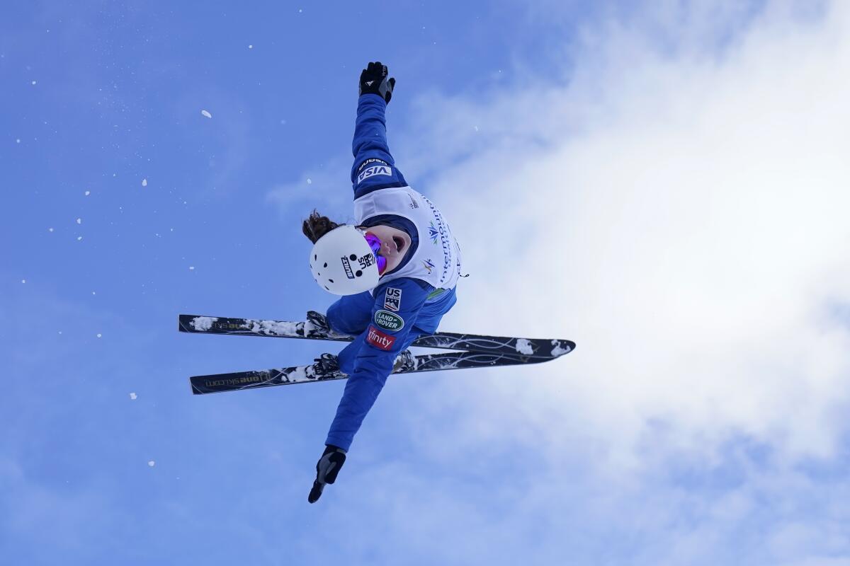 Ashley Caldwell practices before during a World Cup freestyle aerials competition in Deer Valley, Utah, on Feb. 6, 2021.