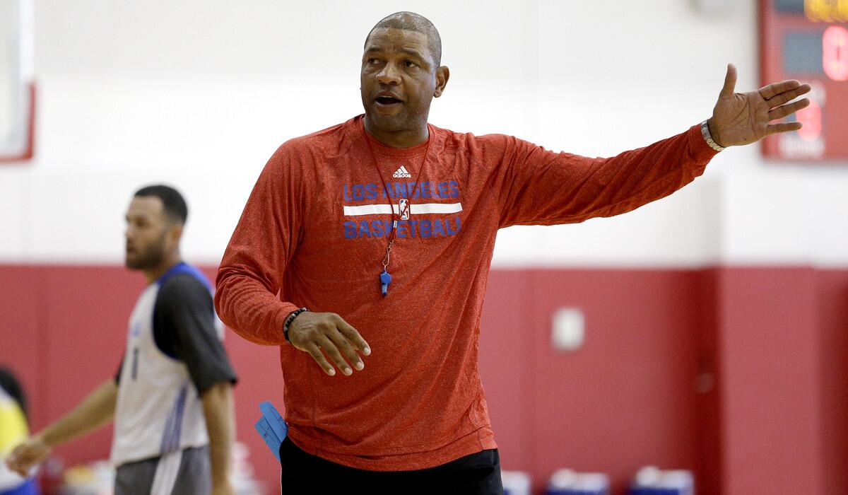Clippers Coach Doc Rivers gives instructions to his players during a training session in Las Vegas last week.