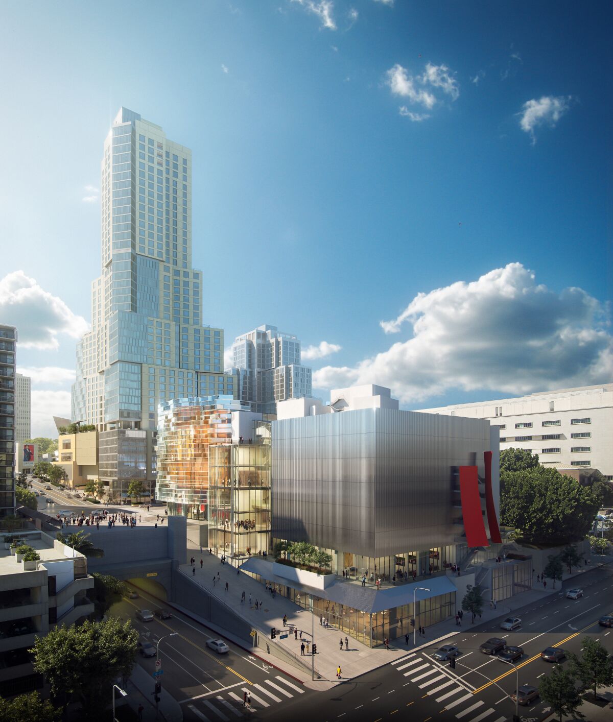 View of the Frank Gehry-designed Colburn School concert halls , with the tower of the Grand rising in the background.