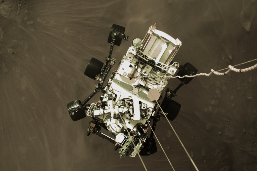 NASA's Perseverance rover descends to the surface of Mars during the skycrane maneuver. 