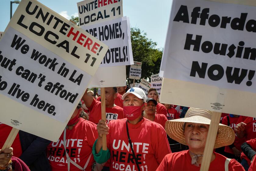 Unite Here Local 11 and their supporters rally outside Los Angeles' Airport on Century Boulevard on June 22, 2023. Photo by Zaydee Sanchez for CalMatters