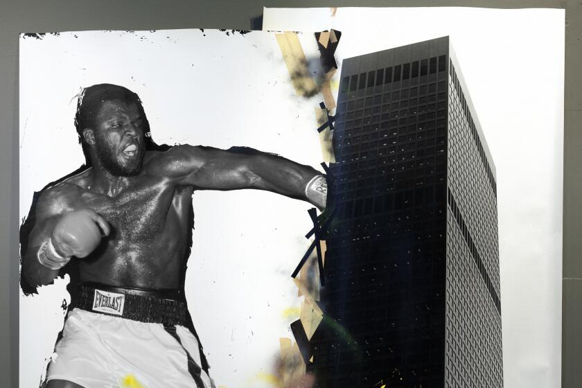 A boxer punches a building in "Support Systems," a 1984 mixed-media work by Todd Gray