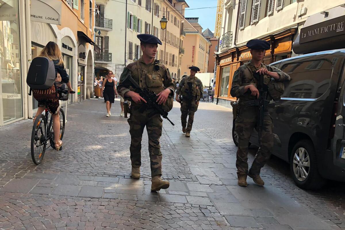 Soldiers patrolling the French town of Annecy after a knife attack