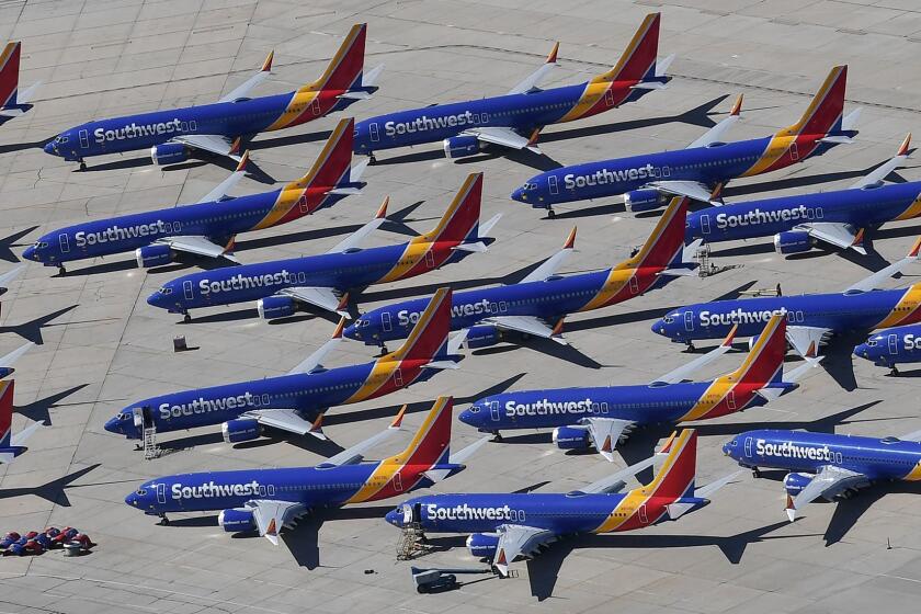 (FILES) In this file photo taken on March 28, 2019, Southwest Airlines Boeing 737 MAX aircraft are parked on the tarmac after being grounded, at the Southern California Logistics Airport in Victorville, California. - The US's aviation regulator has still not received Boeing's proposed fix for its 737 MAX aircraft, which have been grounded globally following two deadly crashes, the agency's chief said on May 22, 2019. (Photo by Mark RALSTON / AFP)MARK RALSTON/AFP/Getty Images ** OUTS - ELSENT, FPG, CM - OUTS * NM, PH, VA if sourced by CT, LA or MoD **