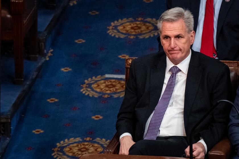 WASHINGTON, DC - JANUARY 04: Rep. Kevin McCarthy (R-CA) listens to the fifth Roll Call Vote for Speaker of the House on the floor of the House Chamber of the U.S. Capitol Building on Wednesday, Jan. 4, 2023 in Washington, DC. After three failed attempts to successfully vote for Speaker of the House, the members of the 118th Congress is expected to try again today. (Kent Nishimura / Los Angeles Times)