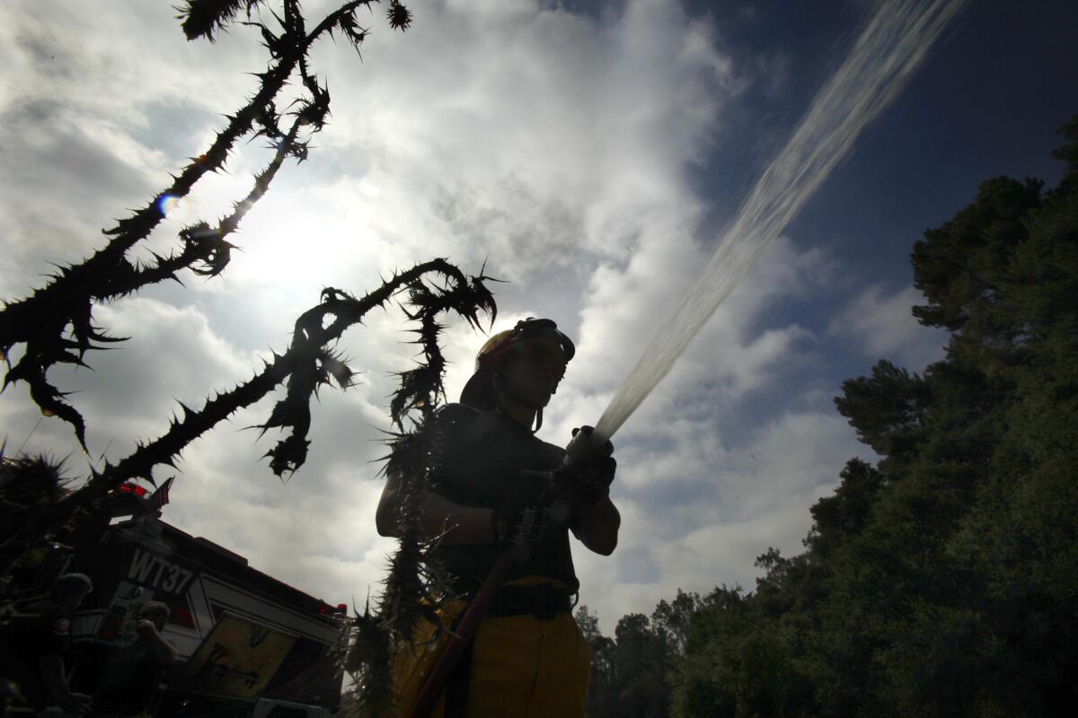 Pasadena Firefighter Nicole Olsen sprays Phos-Chek on the brush and trees near the Rose Bowl June 29, 2011. In preparation for the fire season and as a preventive measure for the 4th of July activities, firefighters from Pasadena and Sierra Madre soaked the plants and trees in the Linda Vista and Arroyo brush areas surrounding the Rose Bowl with the fire retardant.