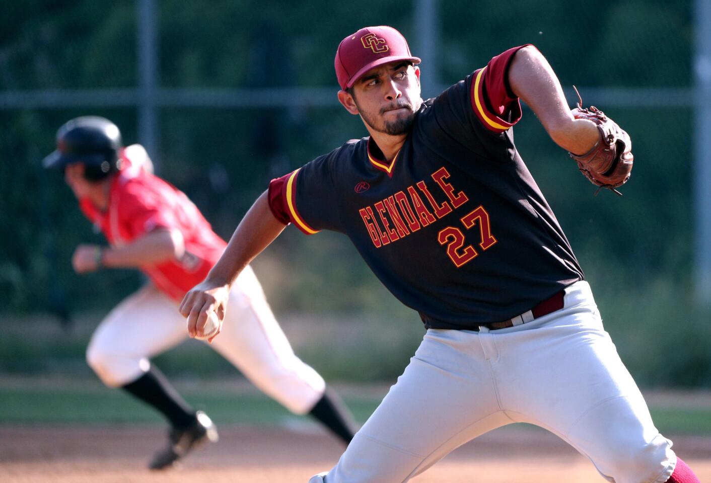 Glendale Community College baseball pitcher Dexter Wilkerson started in the third inning of game three of round one of the California Community College Athletic Association Southern California Baseball Regional Championships vs. Santa Barbara City College at Stengel Field in Glendale on Saturday, May 4, 2019. Wilkerson is the Western State Conference East Pitcher of the Year. GCC won the game 4-3 and the series 2-1.