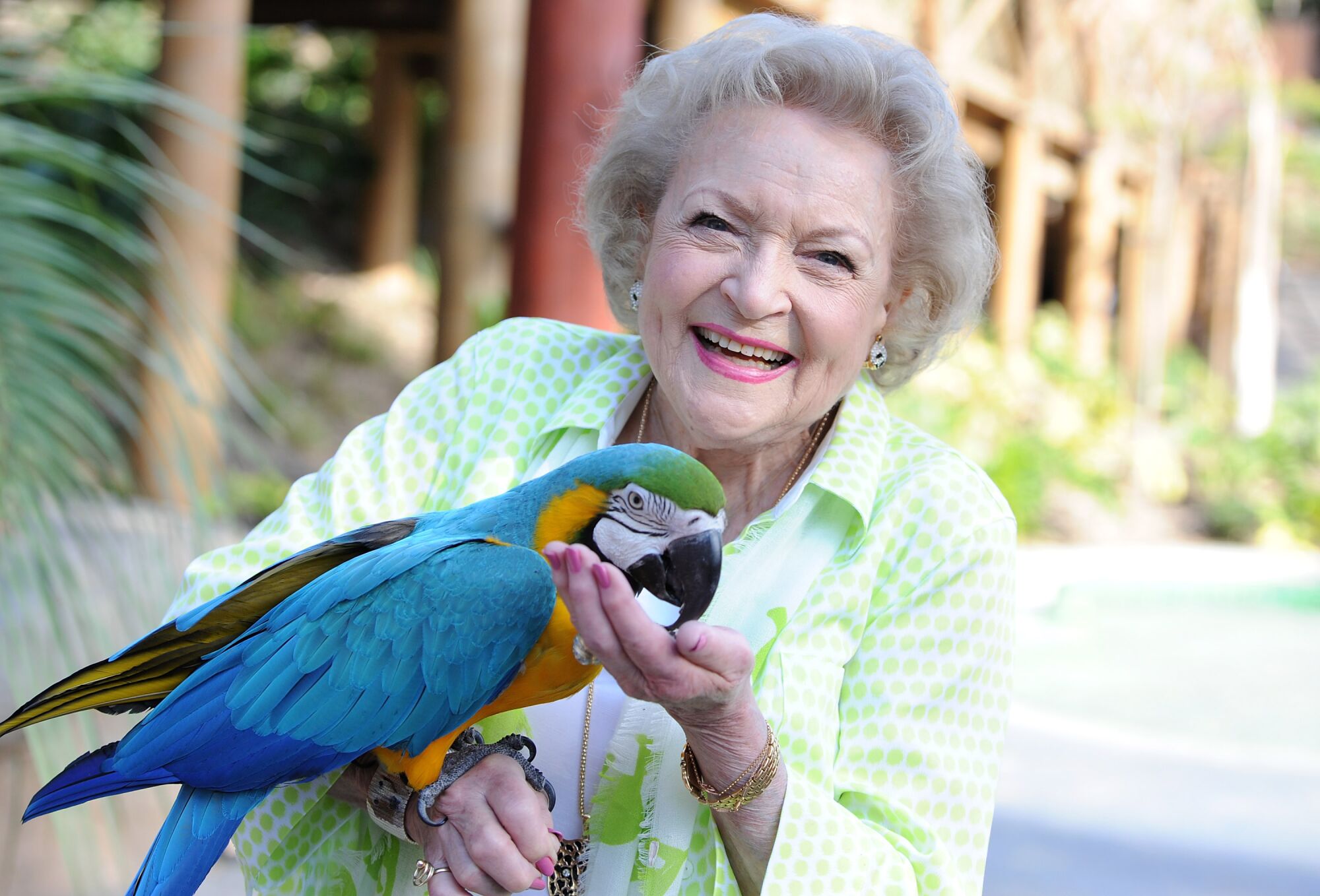 Betty White posing with a parrot at the 44th Beastly Ball at Los Angeles Zoo.