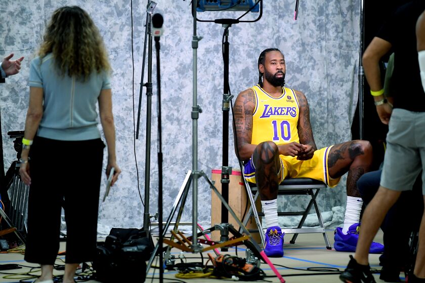 Lakers DeAndre Jordan poses for pictures during media day at the UCLA Health Training Center in El Segundo Oct. 2, 2021.