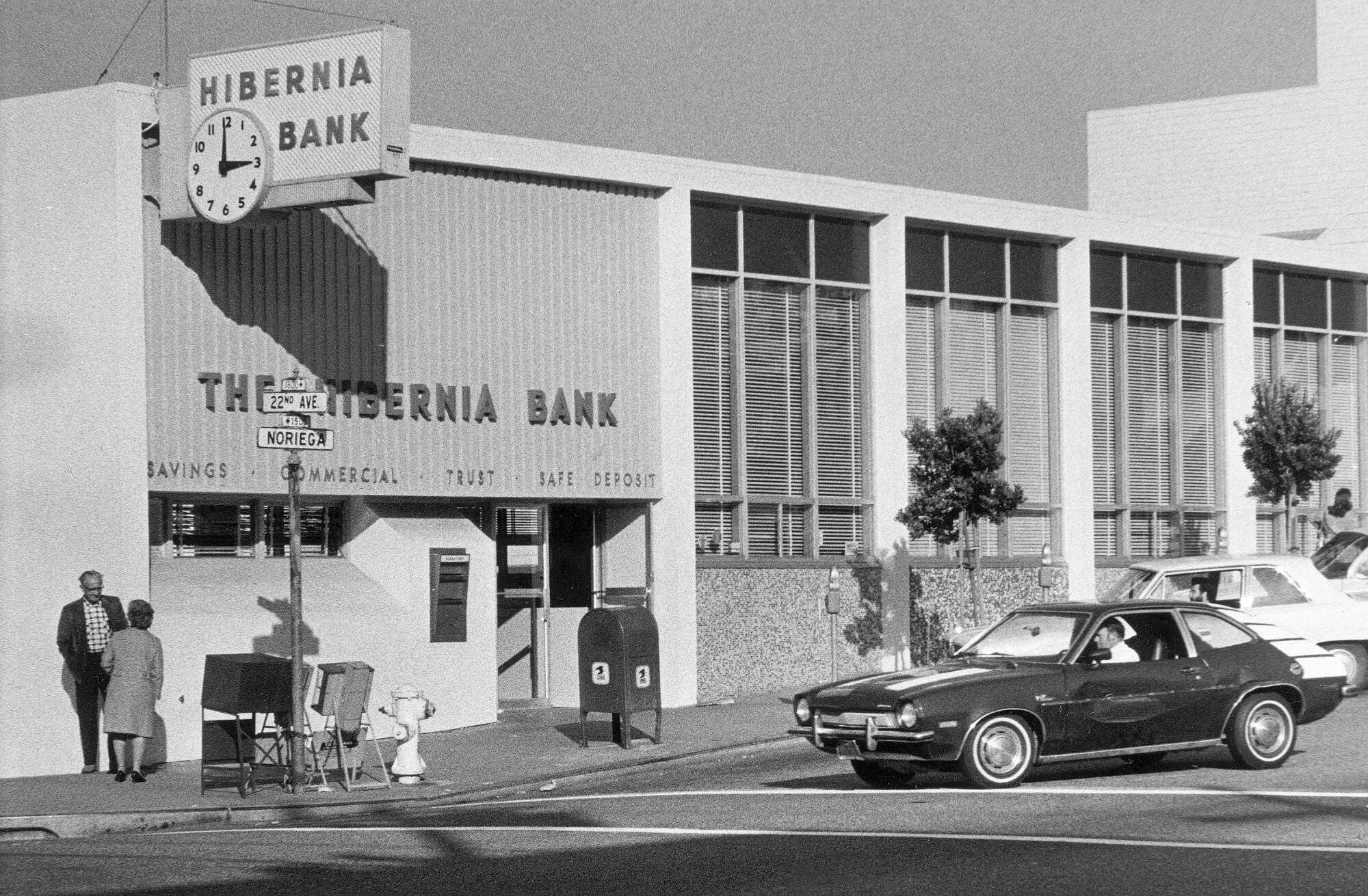 The exterior of the Sunset branch of the Hibernia Bank in San Francisco in 1976. 