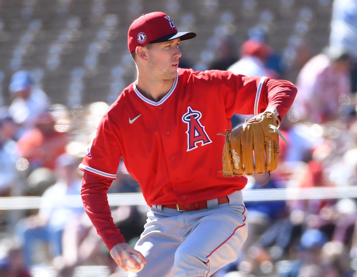 Angels' Griffin Canning pitches against the Dodgers during a spring training game Feb. 26 at Camelback Ranch.
