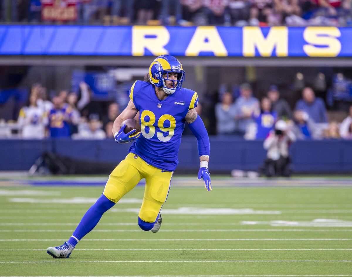 Rams tight end Tyler Higbee runs after a reception.
