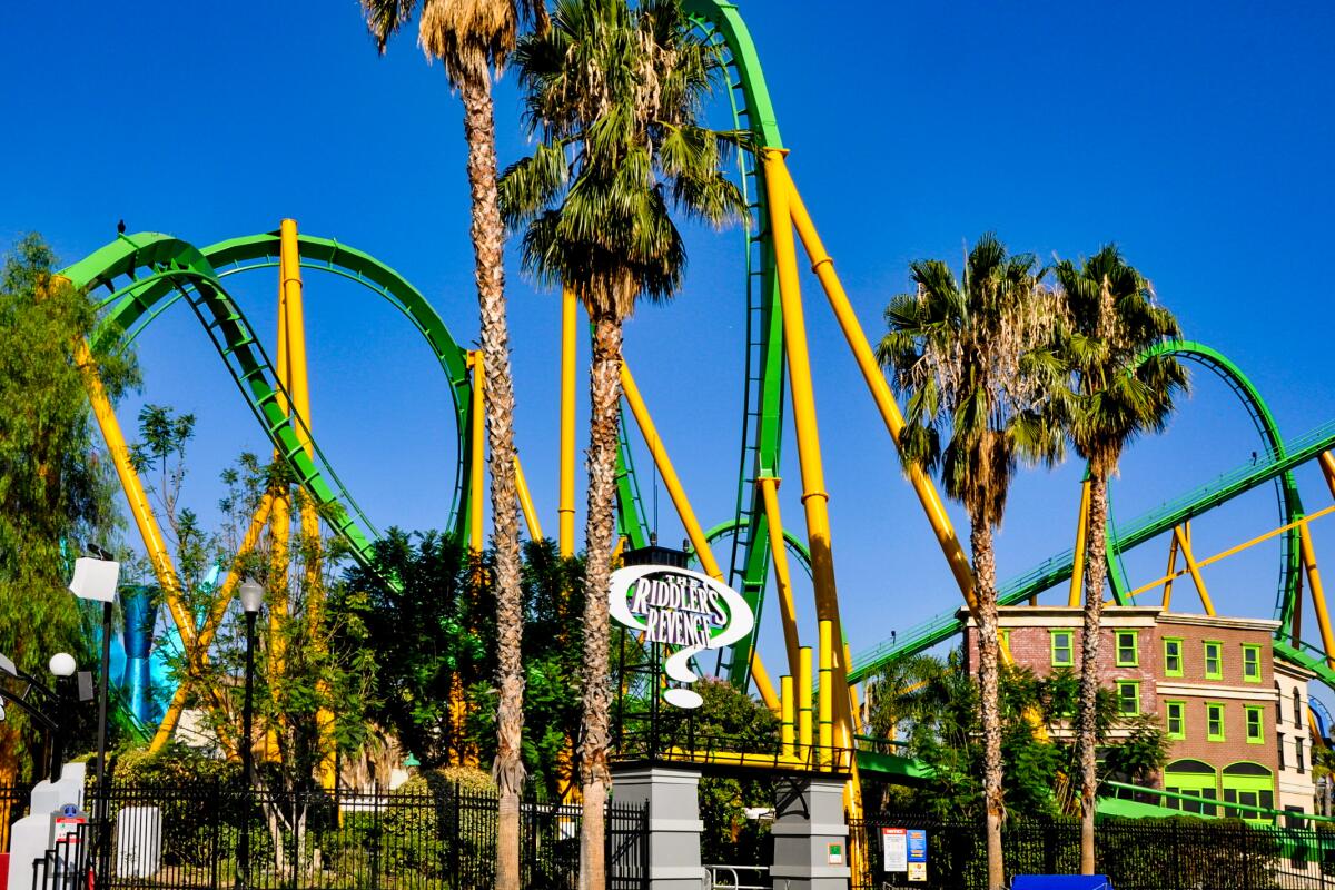A view of the Riddlers Revenge at Six Flags Magic Mountain.