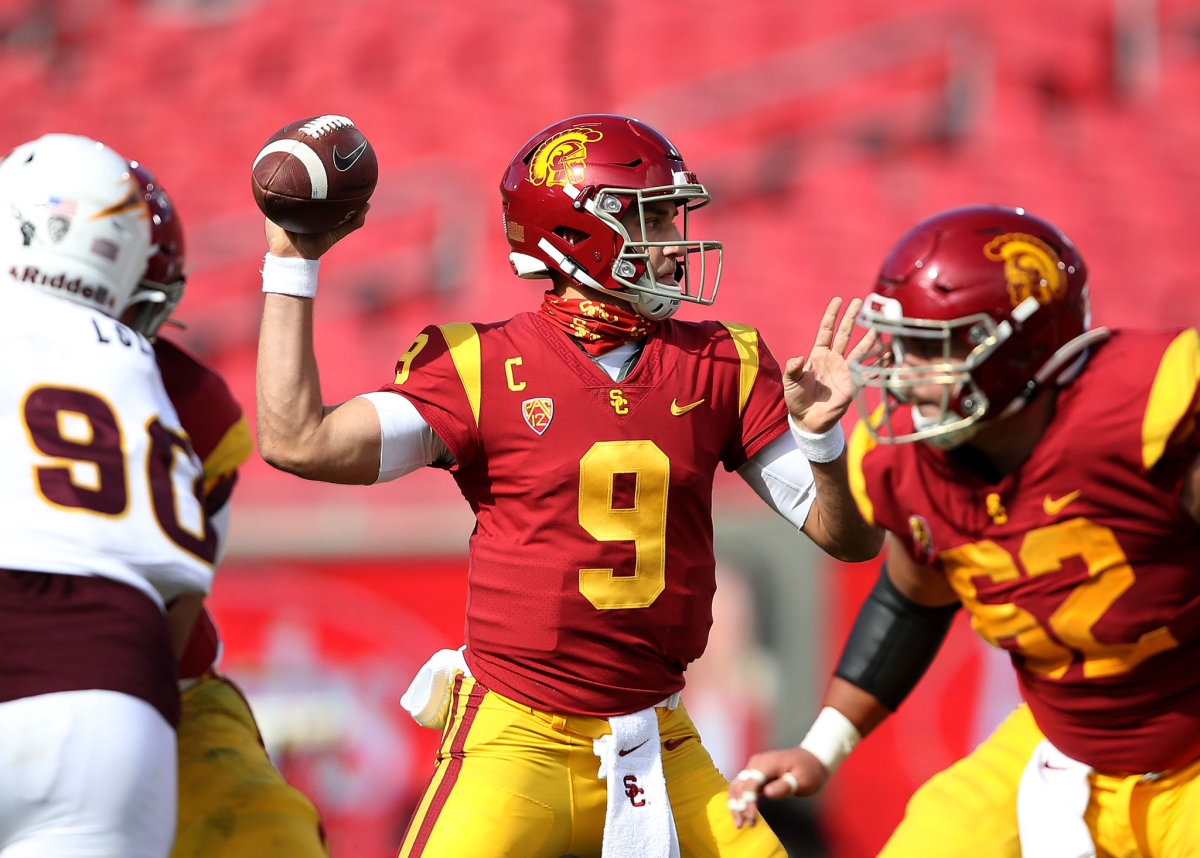 USC quarterback Kedon Slovis passes during the first half of a 28-27 win over Arizona State on Saturday.