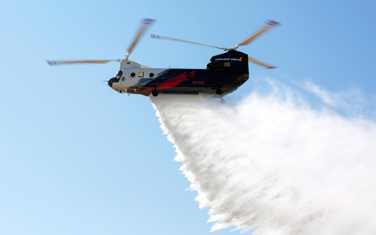 The helitanker is a 3,000-gallon capacity CH-47 Chinook.