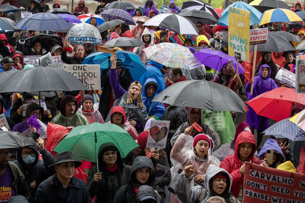 A crowd of protesters, many carrying umbrellas or dressed in raincoats, walk together; some raise their fists.