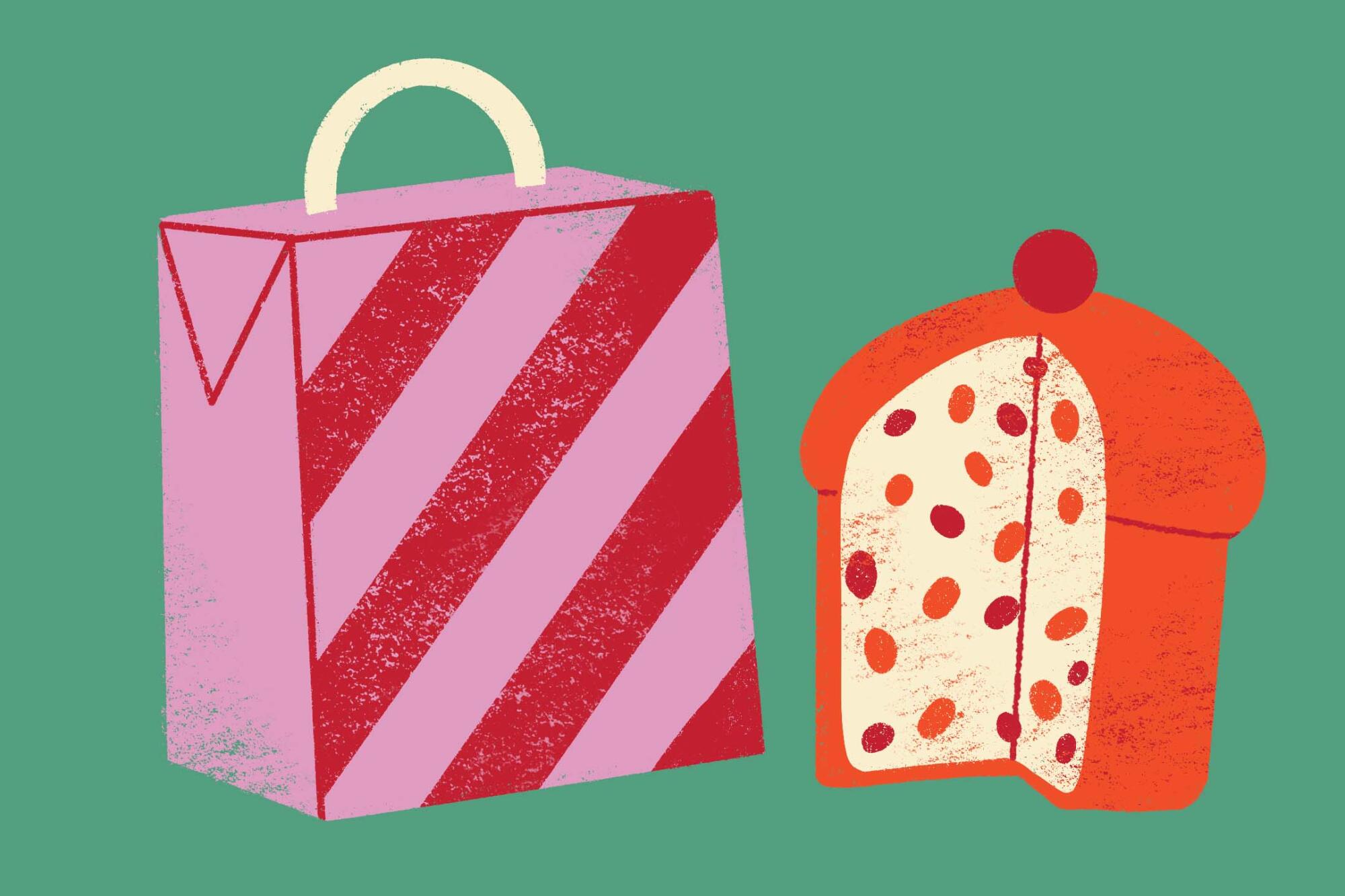 Illustration of a shopping bag and panettone