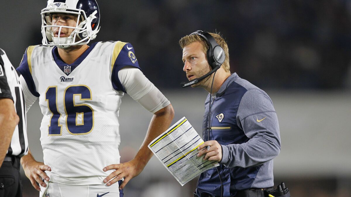 Los Angeles Rams coach Sean McVay and quarterback Jerod Goff look on during a playoff game against the Atlanta Falcons at the Los Angeles Coliseum on January 6, 2018.