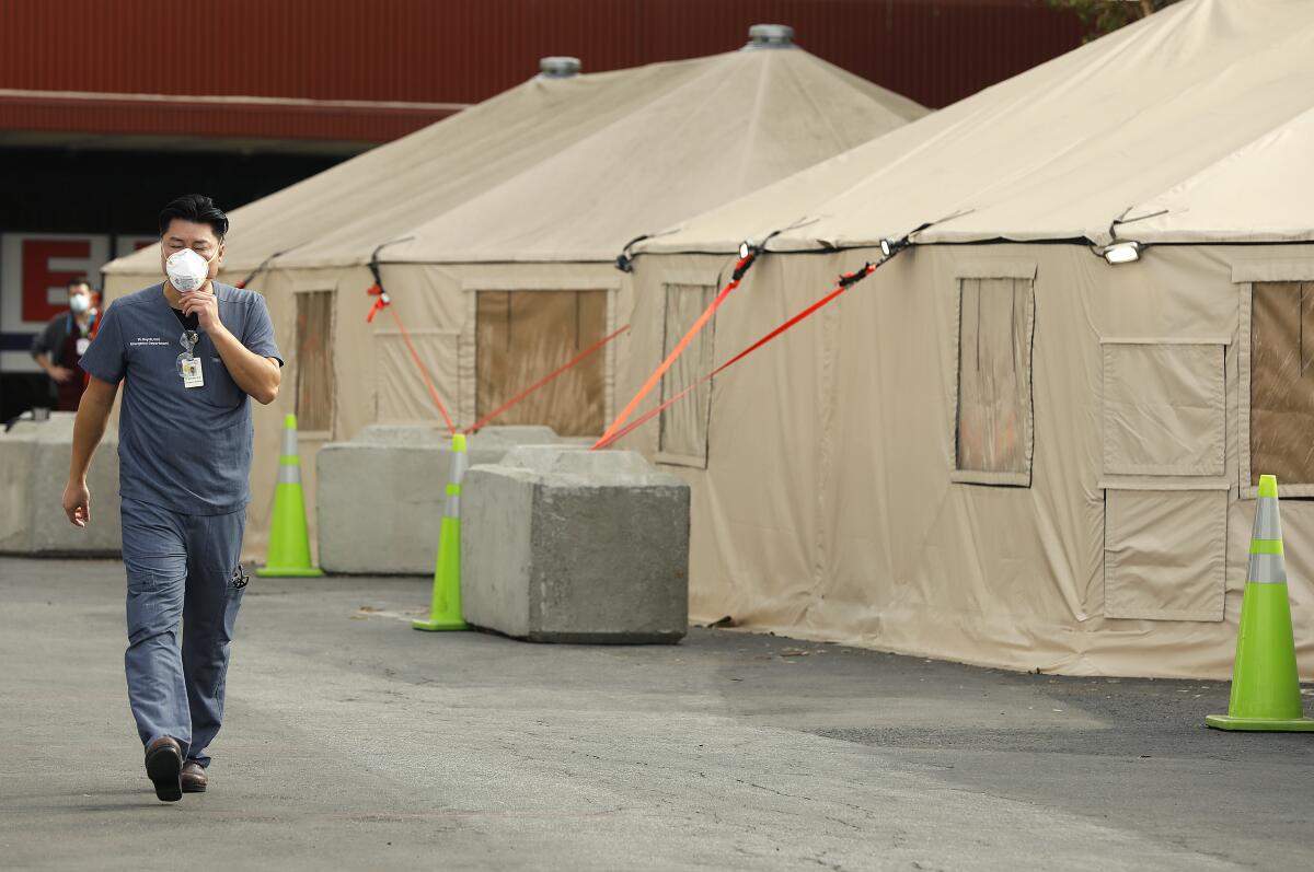 Triage tents are set up outside 