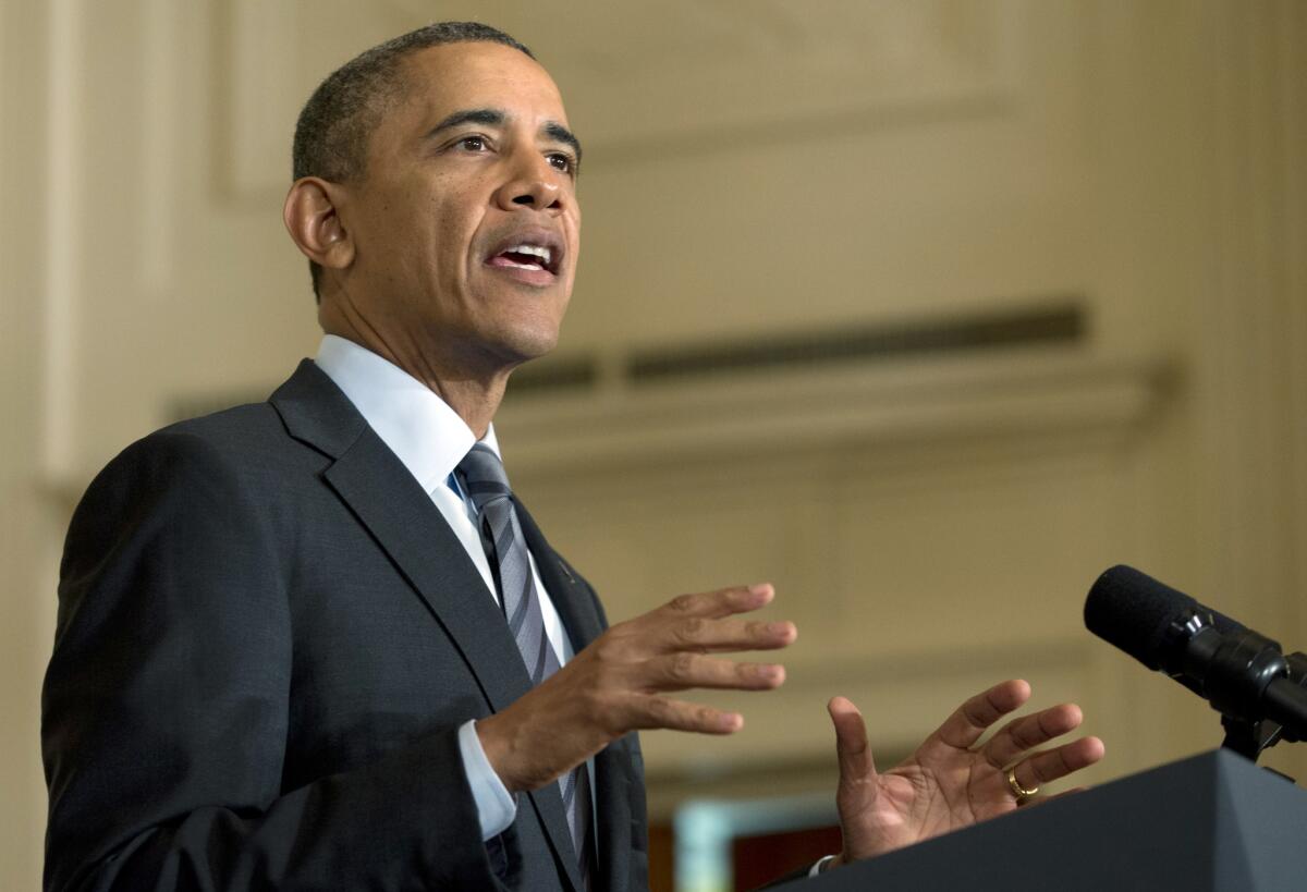 President Obama speaks in the East Room of the White House.