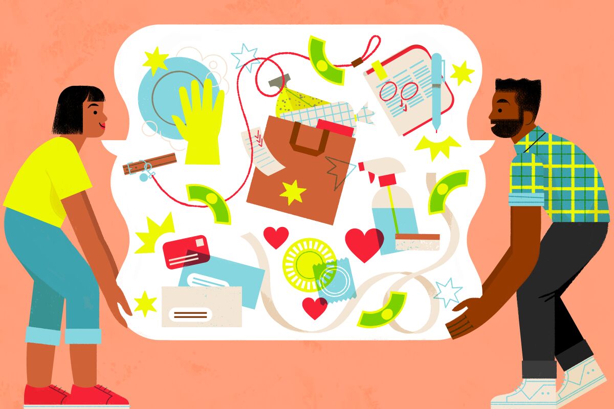 illustration of a woman and a man lifting a speech bubble that holds items associated with moving in together.