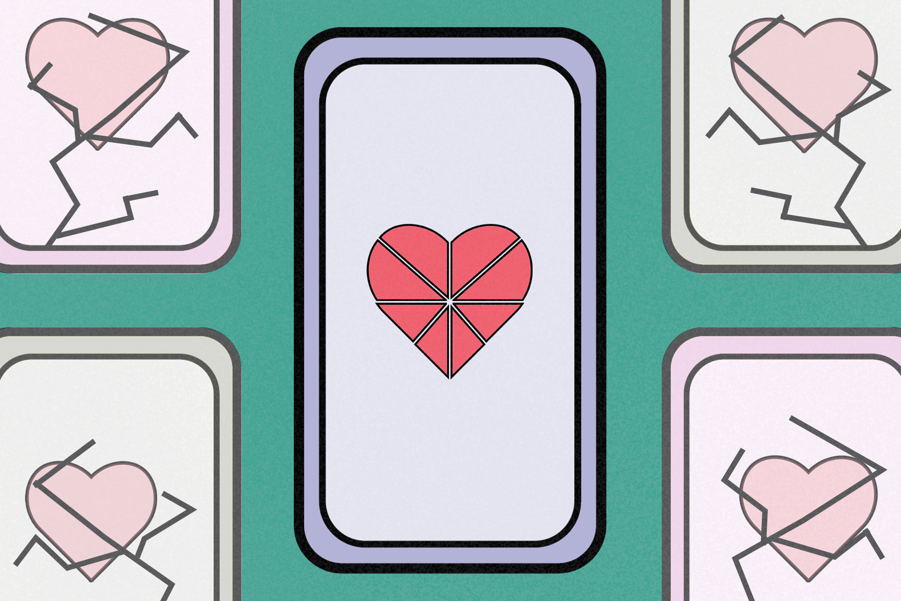 An illustration of phone screens, one in the center with a loading heart and others with cracked screens over hearts.
