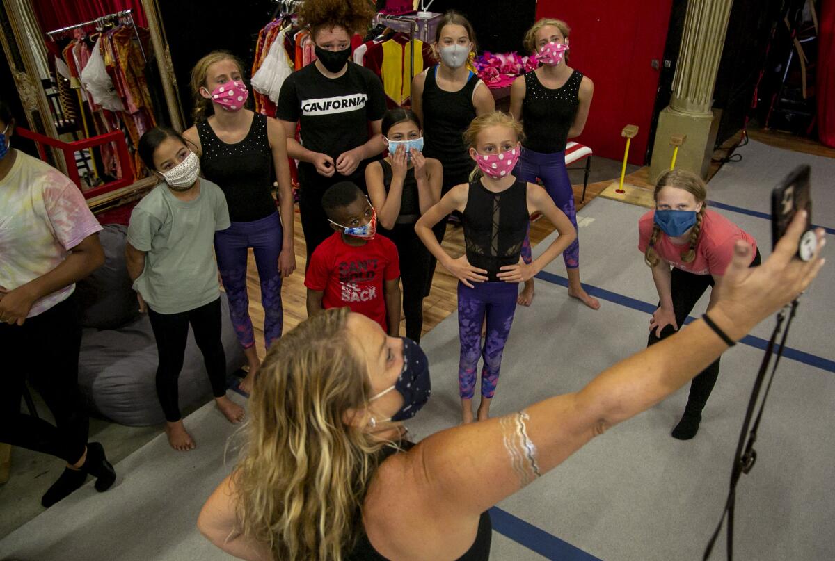 Le PeTiT CiRqUe founder Nathalie Yves Gaulthier and performers at their Inglewood Studio on Tuesday, Aug. 25, 2020 