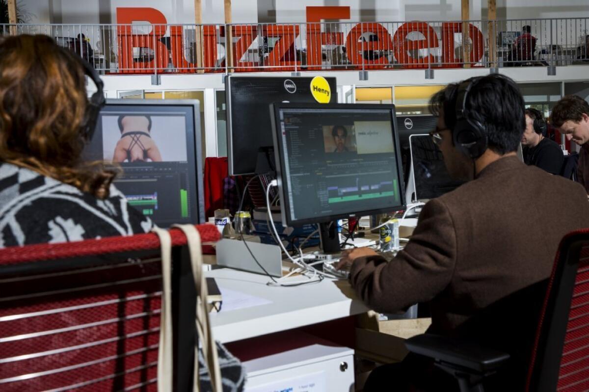 Video editing inside the newsroom of the Los Angeles headquarters of the website Buzzfeed.com.