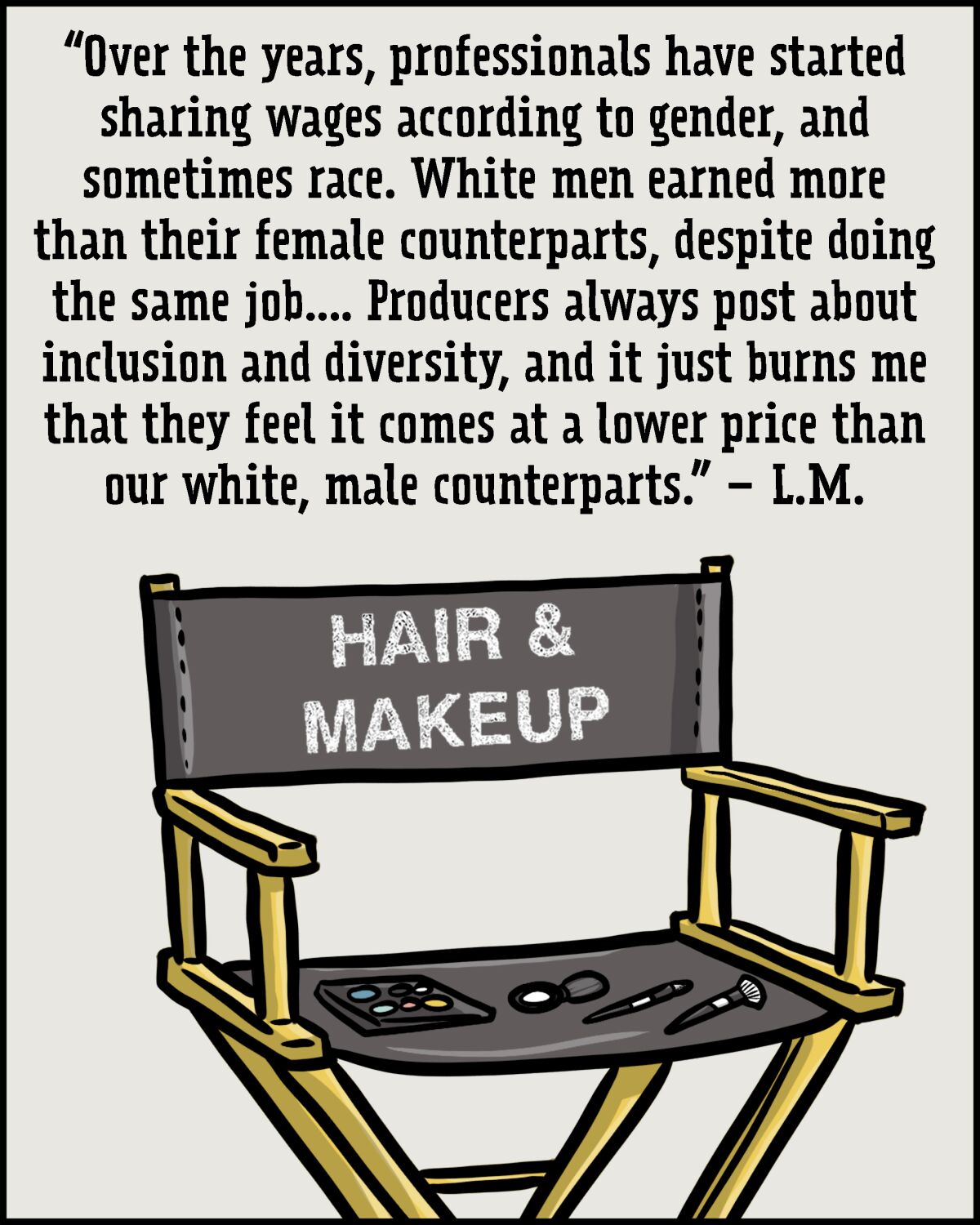 An illustration of a director's chair labeled "hair & makeup" with tools of the trade on the seat. 
