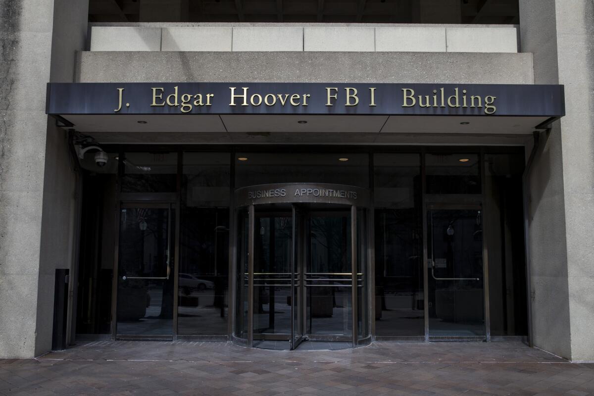 The entrance to the J. Edgar Hoover FBI building