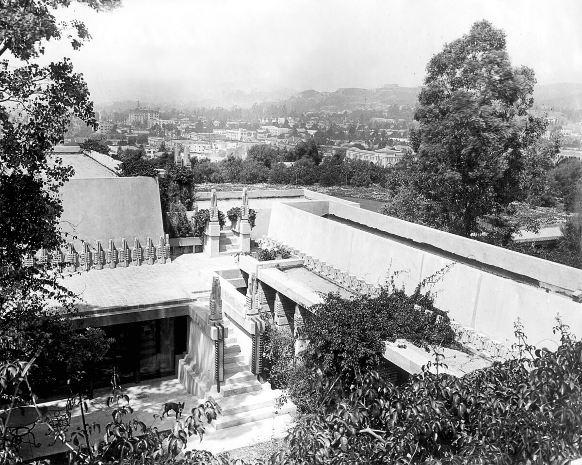 Hollyhock House, pictured from an upper terrace of the Barnsdall property in 1927. (Los Angeles Times)