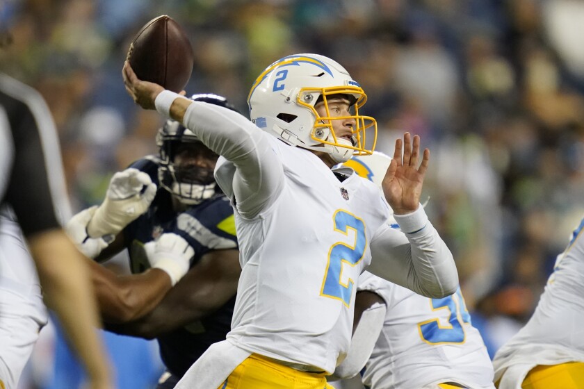 Chargers quarterback Easton Stick passes against the Seattle Seahawks during the second half Aug. 28, 2021.