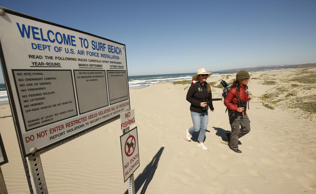 Two people walk on the beach beside a sign
