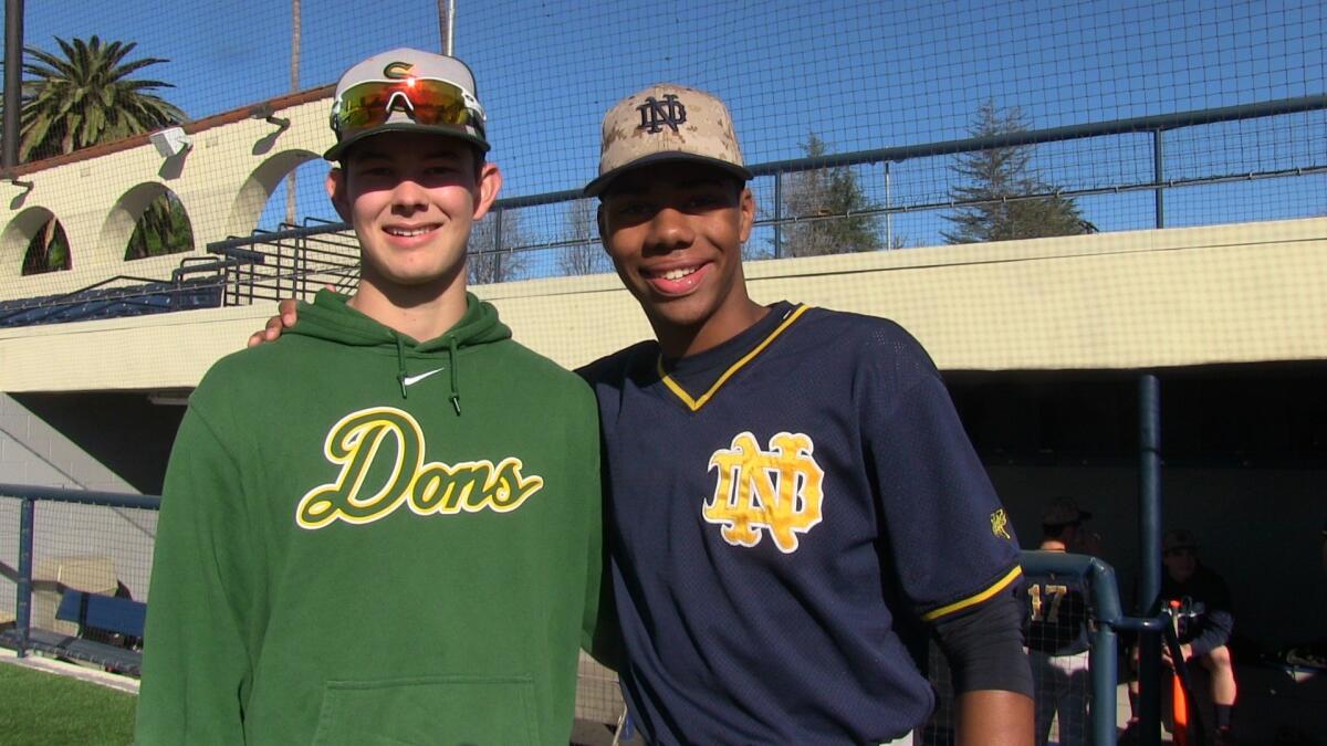 Hunter Greene (right) with former Santa Barbara pitcher Kevin Gowdy, who played on last year's USA 18U national team.