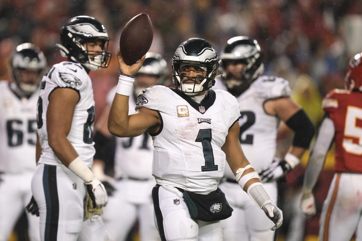 Eagles quarterback Jalen Hurts celebrates after scoring on a one-yard run against the Kansas City Chiefs Monday.