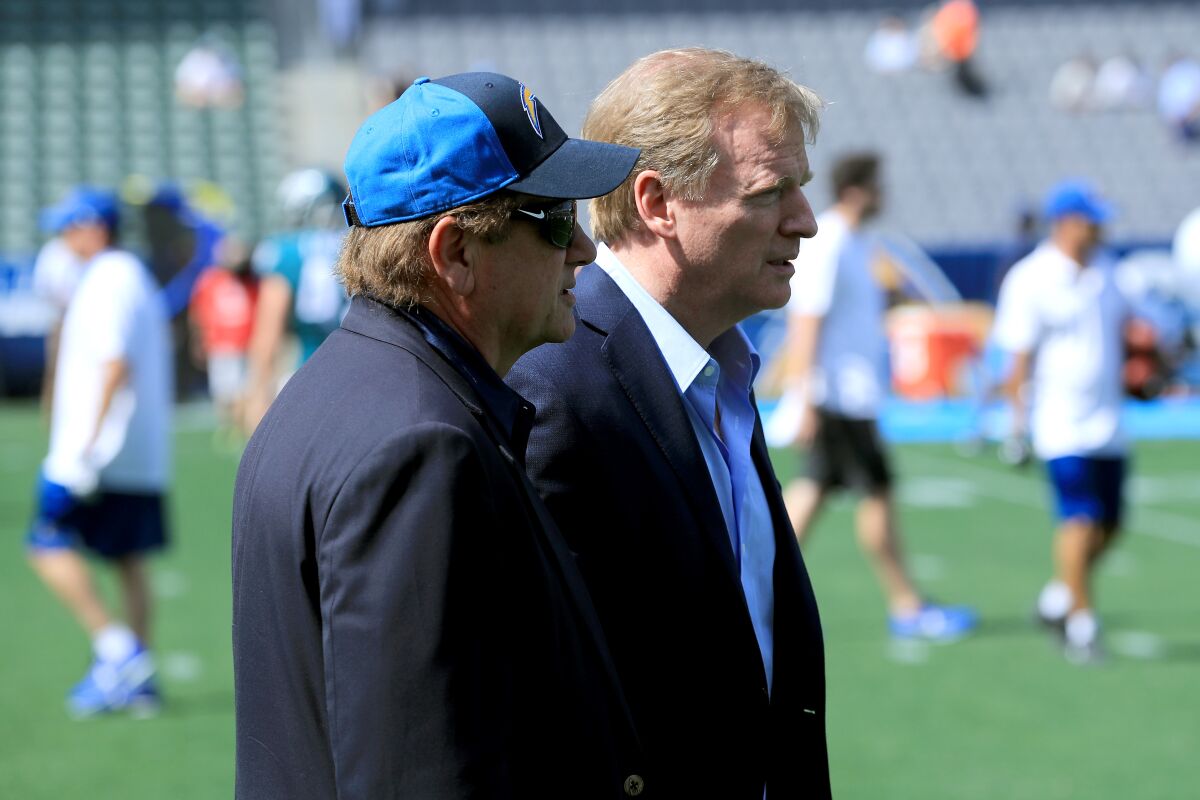 Chargers owner Dean Spanos (left) and NFL Commissioner Roger Goodell (left) at a game in Carson last year.