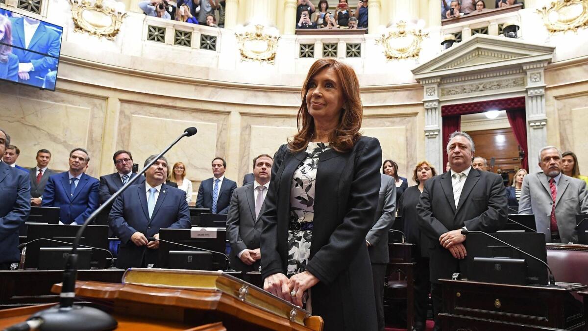 Former Argentine President Cristina Fernandez de Kirchner at her swearing-in as senator at the Congress in Buenos Aires on Nov. 29, 2017. This handout photo was released by Argentina's Senate press office.