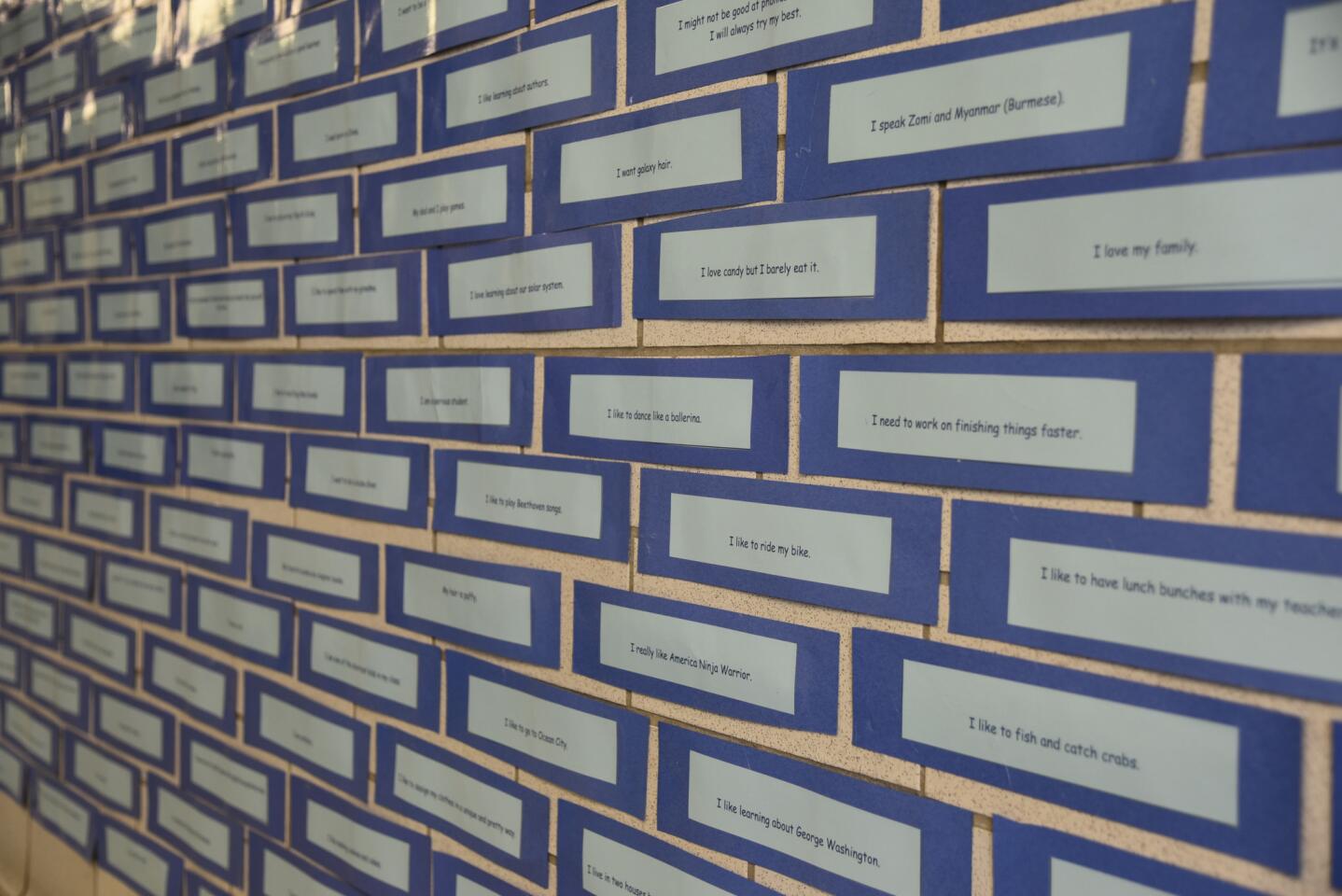 A wall at Hillcrest Elementary School shows what incoming students said they want their new teachers to know about them before the school year starts.