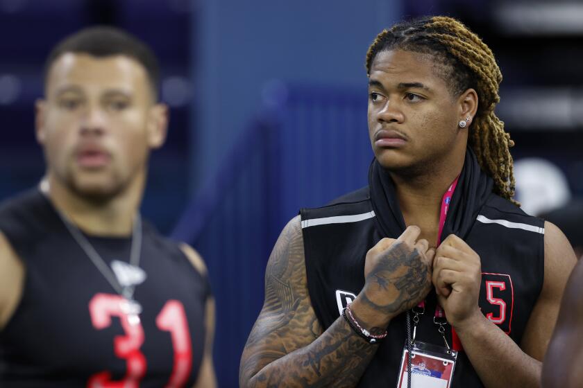 INDIANAPOLIS, IN - FEBRUARY 29: Defensive lineman Chase Young of Ohio State looks on during the NFL Combine at Lucas Oil Stadium on February 29, 2020 in Indianapolis, Indiana. (Photo by Joe Robbins/Getty Images)