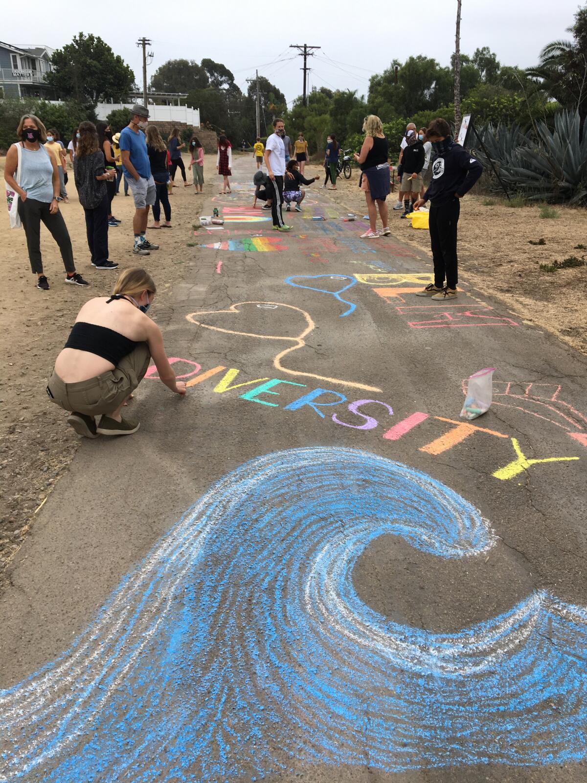 Area residents add chalk drawings to the La Jolla Bike Path in support of the Black Lives Matter movement Sept. 27.