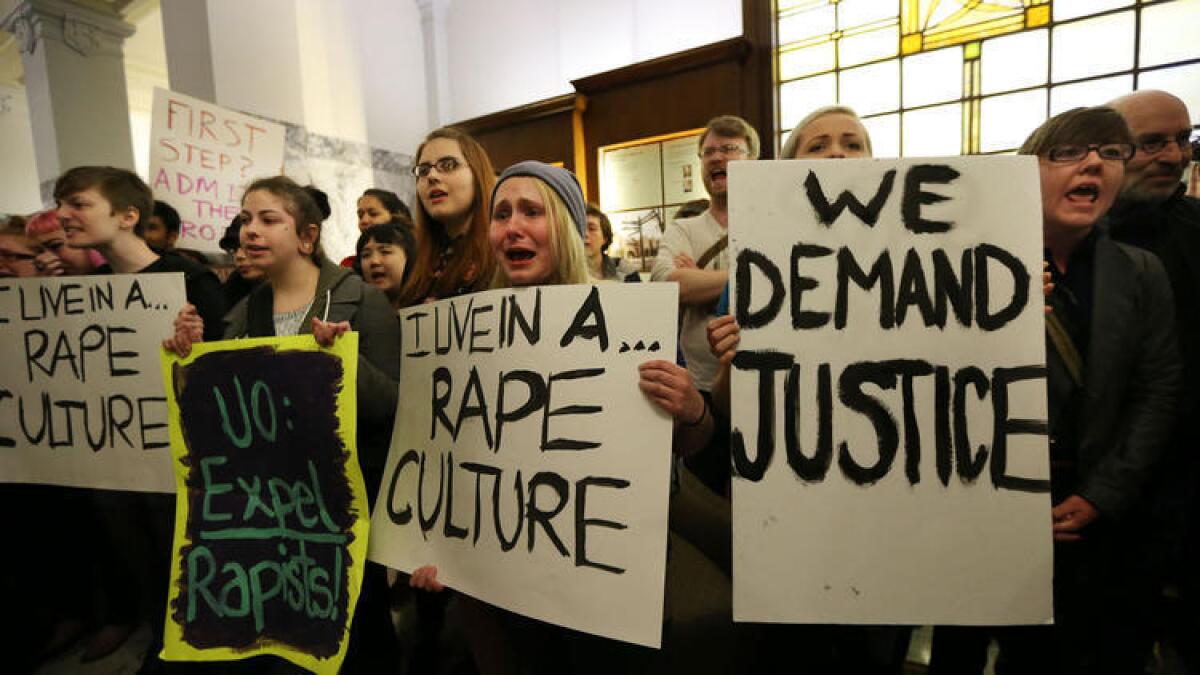 University of Oregon students demonstrate on campus last month over a sexual assault case.