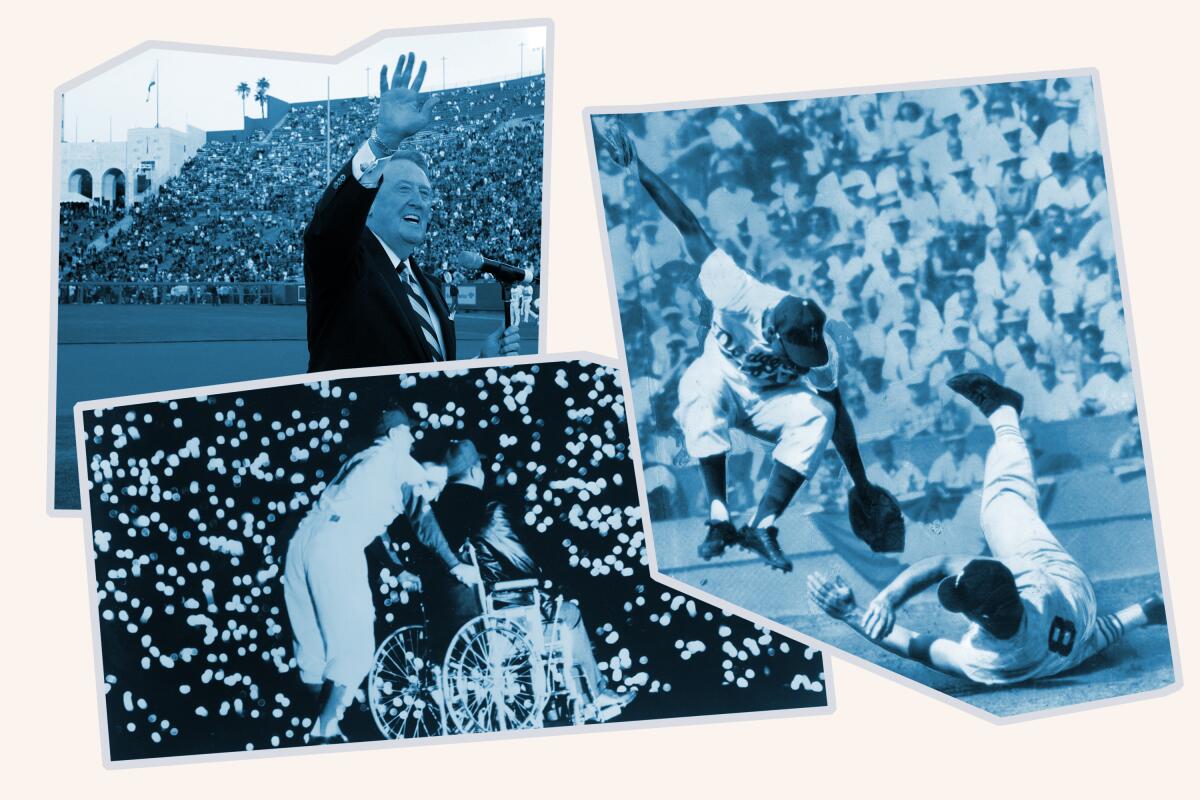 Clockwise from top left: Vin Scully; 1959 World Series action; Roy Campanella 