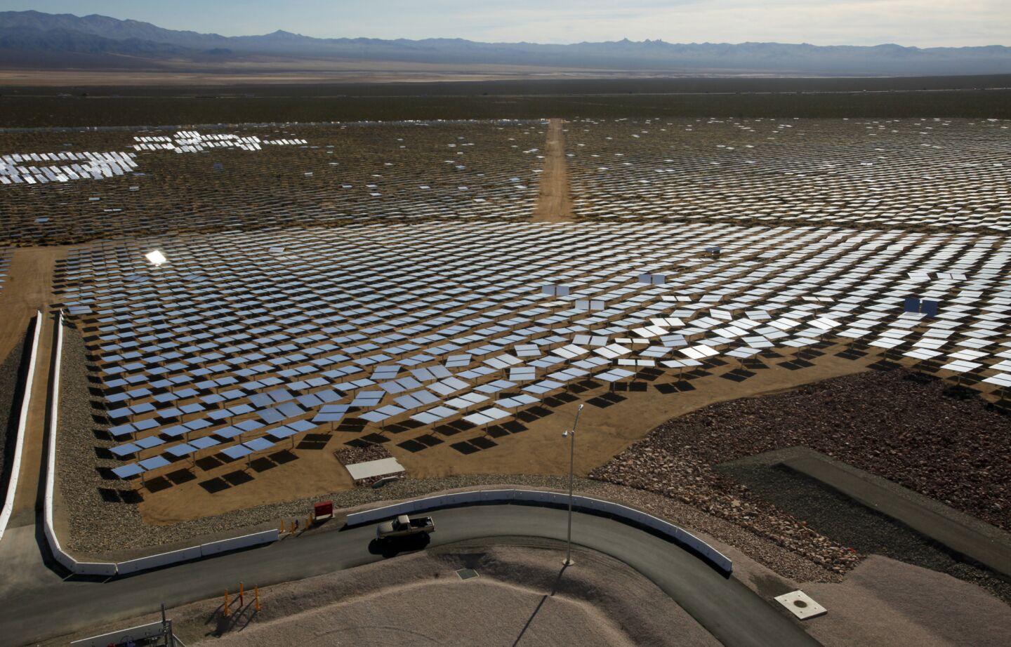 At the Ivanpah Solar Electric Generating System in the California Mojave Desert, some of the plant's 347,000 garage-door-sized mirrors used to generate power can be seen. California is looking for a reliable way to store green energy for when customers need it.
