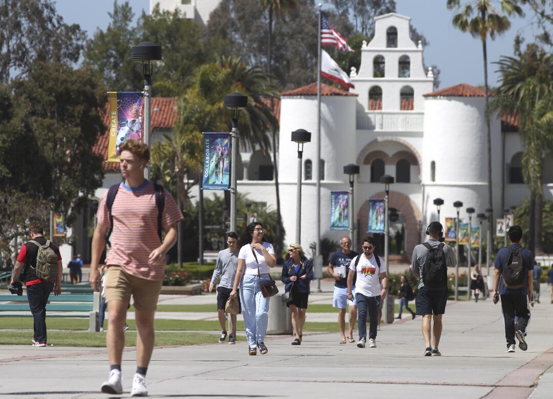 SAN DIEGO, April 24, 2019 | With Hepner Hall in the background, students walk on the San Diego State University campus in San Diego on Wednesday. | (Photo by Hayne Palmour IV / The San Diego Union-Tribune)