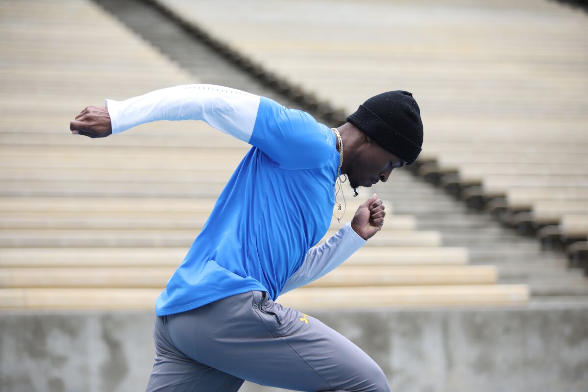 UCLA sprinter Kenroy Higgins II trains in March for the 2020 NCAA championships. 